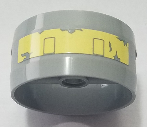 Lego Cylinder 4 x 4 x 1 2/3 with Pin Holes and Center Bar with Bright Light Yellow Stripe and Peeling Paint Pattern (Sticker) - Set 75218 / Light Bluish Gray