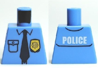 Lego Torso Police Uniform Shirt with Pocket and White 'POLICE' on Back, Gold Badge, Dark Blue Tie Pattern / Medium Blue