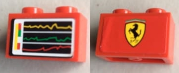 Lego Brick 1 x 2 with Screen with Performance Chart/Graph on One Side and Ferrari Logo on Reverse Pattern (Stickers) - Set 8144 / Red