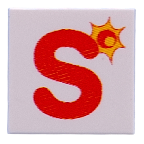 Lego Tile 2 x 2 with Red 'S', Sun Print / White