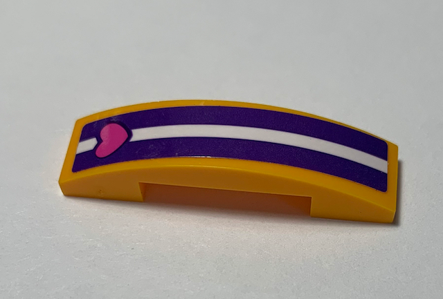 Lego Slope, Curved 4 x 1 x 2/3 Double with Dark Purple and White Stripes and Heart Pattern (Sticker) - Set 41320 / Bright Light Orange