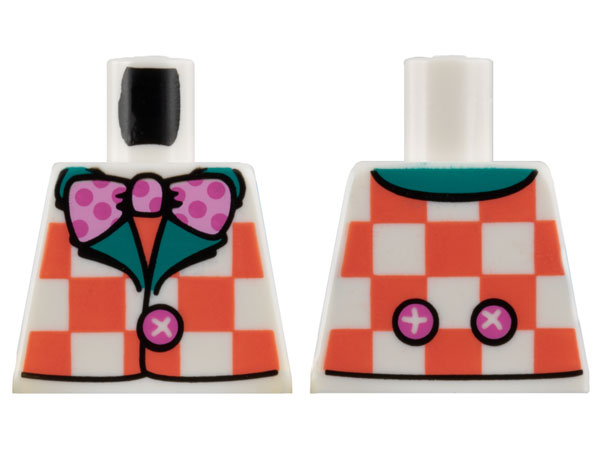 Lego Torso Vest with Coral Checks, Dark Turquoise Lapels, Bright Pink Bow Tie with Dark Pink Polka Dots Pattern (BAM) / White