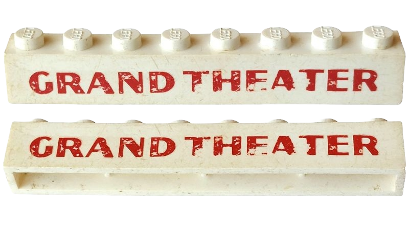 Lego Brick 1 x 8 without Bottom Tubes with Cross Side Supports with Red 'Grand Theater' Sans-Serif Bold Pattern / White