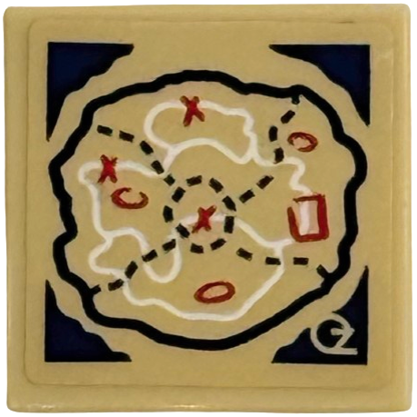 Lego Tile 2 x 2 with White OZ Map with Red Crosses and Markings, Dark Blue Corners and Dotted Lines Pattern (Sticker) - Set 75687