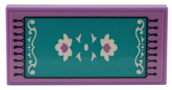 Lego Tile 2 x 4 with Dark Turquoise Rug with White Scrolls and Leaves, Medium Lavender Flowers, and Black Outline and Fringe Pattern (Sticker) - Set 41732