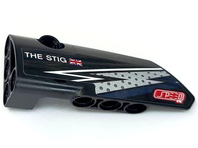 Lego Technic, Panel Fairing # 3 Small Smooth Long, Side A with 'THE STIG', United Kingdom Flag, Lightning Stripes, and Stylized 'SPEED' Pattern (Sticker) - Set 42109