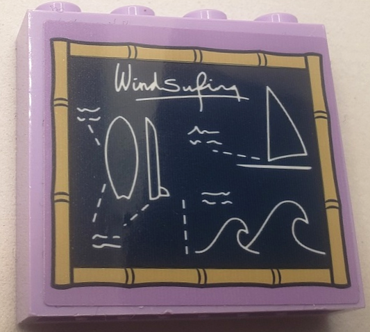 Lego Brick 1 x 4 x 3 with Dark Blue Blackboard with White 'Windsurfing', Diagrams and Bamboo Border Pattern (Sticker) - Set 41710