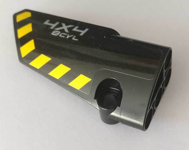 Lego Technic, Panel Fairing # 3 Small Smooth Long, Side A with '4X4 8CYL' and Black and Yellow Danger Stripes Pattern (Sticker) - Set 42082