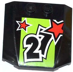 Lego Wedge 4 x 4 x 2/3 Triple Curved with 2 Red Stars and '27' on Lime Background Pattern (Sticker) - Set 60055
