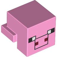 Lego Minifig Head Special, Cube with Rear Ledge, Pixelated Black, White and Dark Red Face, Black Snout Outline Print (Pig) / Bright Pink