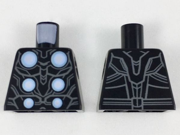 Lego Torso Armor with 6 Metallic Light Blue, Bright Light Blue and White Circles, Dark Bluish Gray Contour Lines Pattern / Black