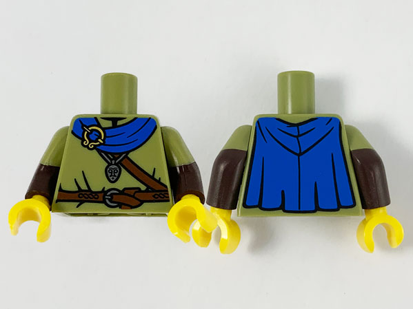 Lego Torso Shirt, Blue Cape, Gold Brooch, Silver Pendant and Dark Brown Belts Pattern / Dark Brown Arms with Molded Olive Green Short Sleeves Pattern / Yellow Hands