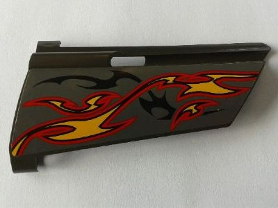Lego Technic, Panel Fairing #20 Large Long, Small Hole, Side A with Orange and Red Flames on Dark Gray Background Pattern (Sticker) - Set 8649