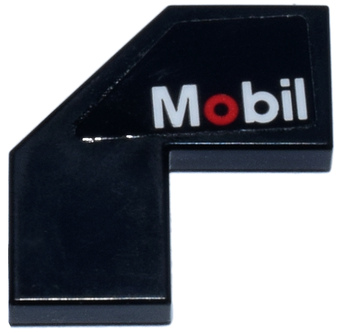 Lego Tile, Modified Facet 2 x 2 with Red and White 'Mobil' Pattern Model Left Side (Sticker) - Set 77243 / Black