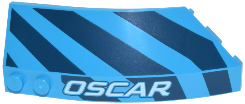 Lego Wedge 8 x 3 x 2 Open Left with Dark Blue Diagonal Stripes and White 'OSCAR' Pattern