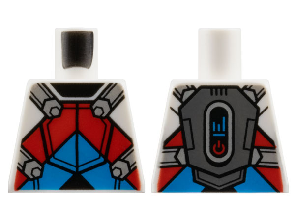 Lego Torso Armor with Black Neck, Dark Azure and Red Chevrons, Light Bluish Gray Straps and Dark Bluish Gray Jet Pack on Back Pattern / White