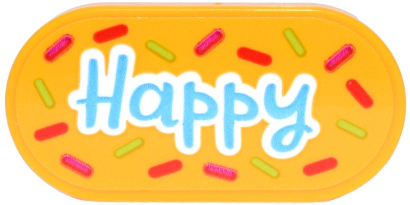 Lego Tile, Round 2 x 4 Oval with Medium Azure 'Happy' with White Outline and Red, Magenta and Lime Confetti Pattern (Sticker) - Set 40871