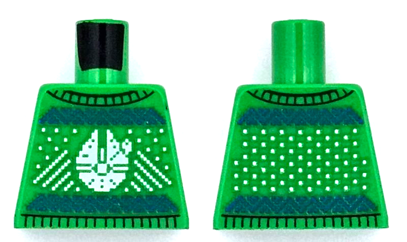 Lego Torso Knit Fair Isle Holiday Sweater with White Dots and SW Millennium Falcon, Blue Zigzag Lines Pattern / Bright Green