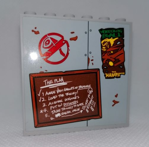 Lego Panel 1 x 6 x 5 with 'THE PLAN', Checklist and Poster 'WRECKING BALL THE CHAMPION' Pattern (Sticker) - Set 75977