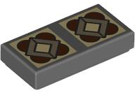 Lego Tile 1 x 2 with 2 Tan Squares with Dark Tan Diamonds and Reddish Brown Semicircles Pattern