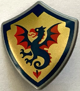 Lego Minifigure, Shield Quadrilateral with Dark Blue and Red Dragon on Gold Background Pattern