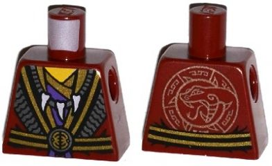 Lego Torso Robe with Black and Gold Belt and Trim over Dark Purple Shirt, White Animal Tooth / Claw Necklace, Yellow Neck, Copper Snake Head Emblem on Back Pattern / Dark Red