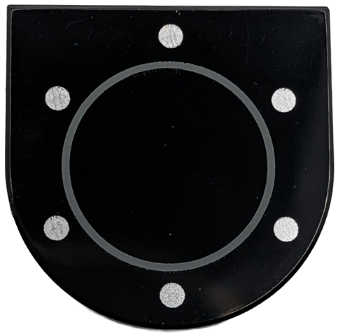 Lego Tile, Round 2 x 2 Half Circle Extended with Dark Bluish Gray Ring and 6 Silver Dots Pattern / Black