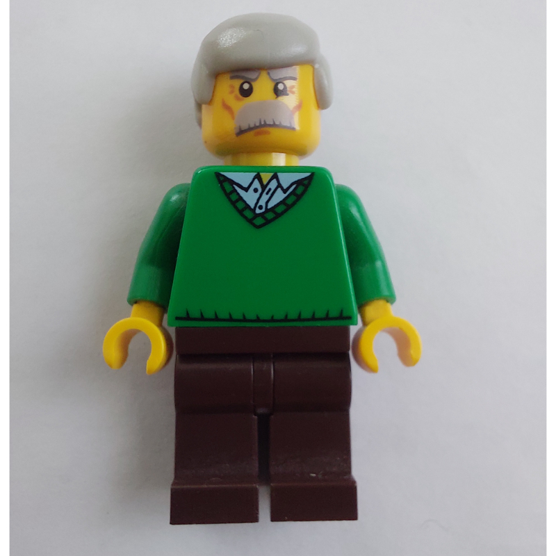 Lego Man, Green V-Neck Sweater, Dark Brown Legs, Moustache