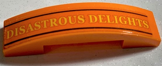 Lego Slope, Curved 4 x 1 x 2/3 Double with Yellow 'DISASTROUS DELIGHTS' and Black Lines Pattern (Sticker) - Set 75978 / Orange