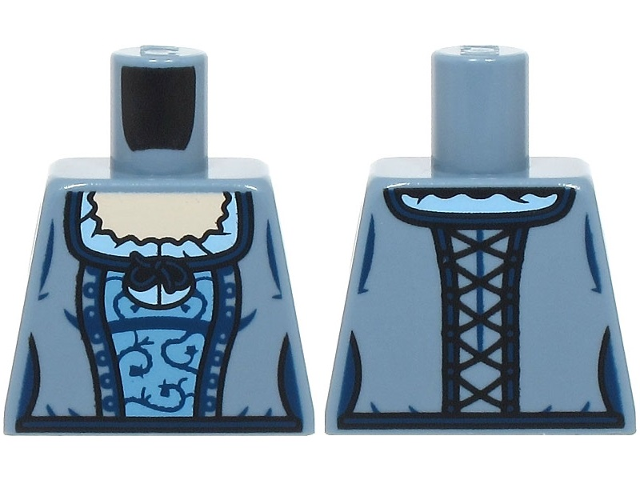 Lego Torso Female Corset, Medium Blue Center Panel, Dark Blue Trim and Laces, Bright Light Blue Blouse, Light Nougat Neck Pattern / Sand Blue