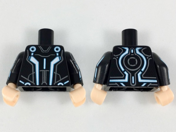 Lego Torso White/Blue Angular Lines and Dark Bluish Gray Markings Pattern / Black Arms with Blue Lines Pattern / Light Nougat Hands