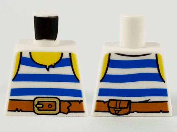 Lego Torso Pirate Tank Top with Blue Horizontal Stripes, Dark Orange Belt with Gold Buckle, Yellow Neck and Shoulders Pattern / White