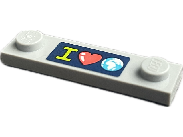 Lego Plate, Modified 1 x 4 with 2 Studs with Groove with Lime Capital Letter I, Coral Heart and Earth on Dark Blue Background Pattern (Sticker) - Set 41712 / Light Bluish Gray