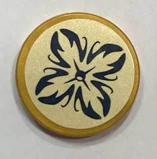 Lego Tile, Round 2 x 2 with Bottom Stud Holder with Cushion with Dark Blue Trim and Button on Pearl Gold Background Pattern (Sticker) - Set 41154