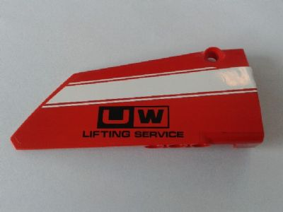 Lego Technic, Panel Fairing #18 Large Smooth, Side B with White Stripe and 'UW LIFTING SERVICE' Pattern (Sticker) - Set 8258 / Red