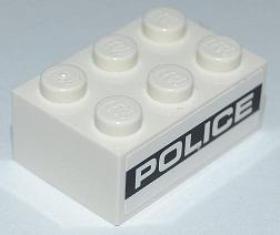Lego Brick 2 x 3 with White 'POLICE' on Black Background Pattern on Both Sides (Stickers) - Set 8186