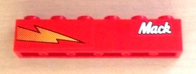 Lego Brick 1 x 6 with 'Mack' and Lightning Pattern Model Right Side (Sticker) - Set 8486 / Red