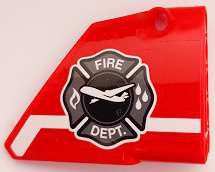 Lego Technic, Panel Fairing #14 Large Short Smooth, Side B with 'FIRE DEPT.', Shield with Airplane and White Stripe Pattern (Sticker) - Set 42068 / Red