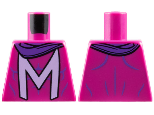 Lego Torso Super Hero Costume with Muscles Outline and Lavender Capital Letter M, Dark Purple Scarf Pattern / Magenta
