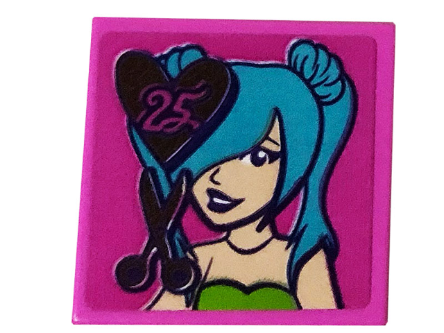 Lego Tile 2 x 2 with Heart and '25', Scissors and Girl with Medium Azure Hair Pattern (Sticker) - Set 41391 / Dark Pink