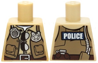 Lego Torso Police Shirt Dark Tan Vest with Pockets, Radio, Badge, Sunglasses, Brown Belt and 'POLICE' Pattern on Back / Tan