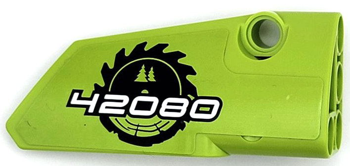 Lego Technic, Panel Fairing # 4 Small Smooth Long, Side B with Black Circular Saw Blade and White '42080' Pattern (Sticker) – Set 42080 / Lime