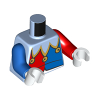 Lego Torso, Blue/Red Jester Outfit, Bells print, Odd Arms, Left Red Arm, Right Blue Arm, White Hands / Bright Light Blue
