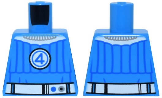 Lego Torso Super Hero Costume with Blue Trim, White Collar,  Belt and Fantastic Four Emblem with Number 4 Pattern / Dark Azure