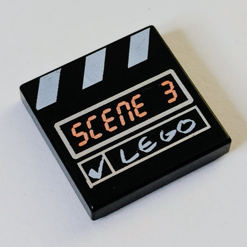 Lego Tile 2 x 2 with Scene 3 and White Stripes Clapperboard Print / Black