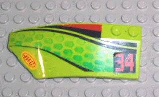 Lego Wedge 8 x 3 x 2 Open Left with Red and Black Stripes, Green Scales, Red '34' and '4WD' Pattern (Stickers) - Set 4589