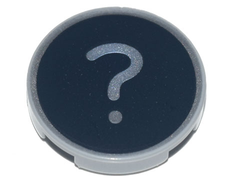 Lego Tile, Round 2 x 2 with Bottom Stud Holder with Metallic Silver '?' Question Mark Pattern / Light Bluish Gray