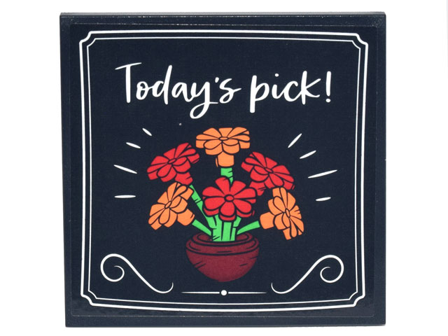 Lego Tile 6 x 6 with Bottom Tubes, Textured Surface with Sign, White Borders, Script 'Today's pick!' and Bowl with Red and Orange Flowers Pattern (Sticker) - Set 10290