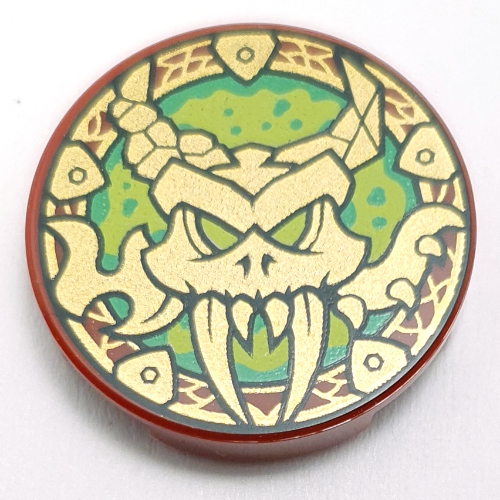 Lego Tile Round 2 x 2 with Gold Creature on Lime/Bright Green Background Print / Dark Red