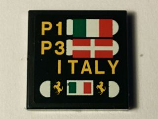 Lego Tile 2 x 2 with Pit Board with Italian and Danish Flags, 'P1', 'P3', 'ITALY' and Ferrari Logos Pattern (Sticker) - Set 40194